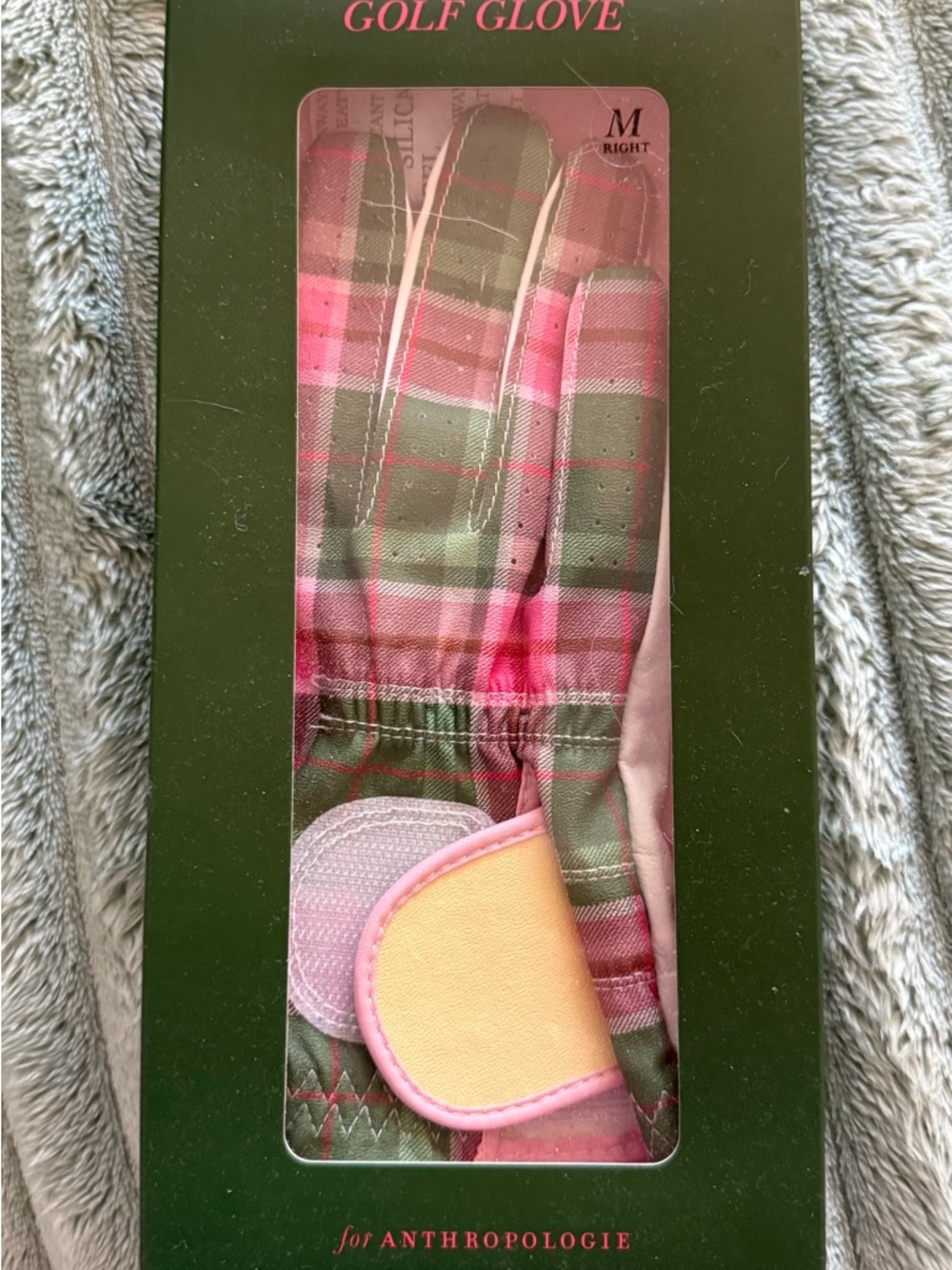 Anthropologie Pink and Green Plaid Golf Glove with Peach Accent